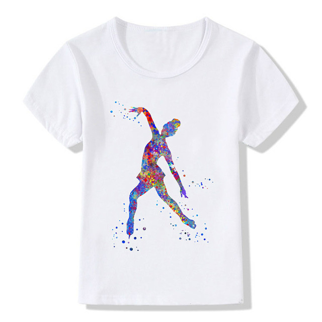 Dziewczęca koszulka z nadrukiem łyżwiarstwa w stylu akwareli 2021 - dopasowane dziecięce ubranie na lato - Wianko - 4