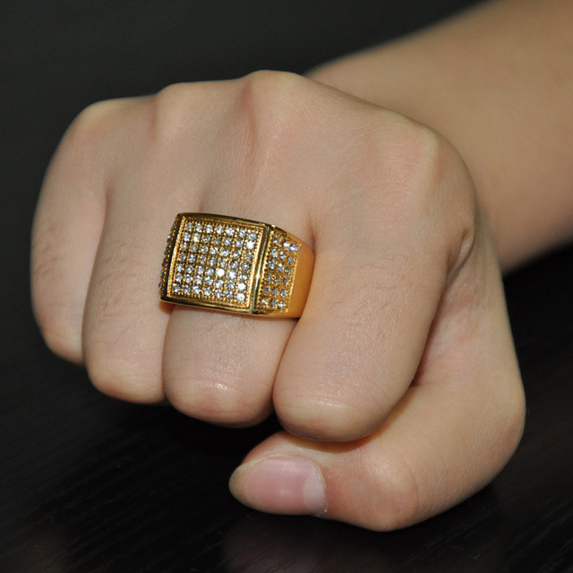 Duży pierścień Bling z cyrkoniami, złota biżuteria Hip-Hop - Wianko - 3