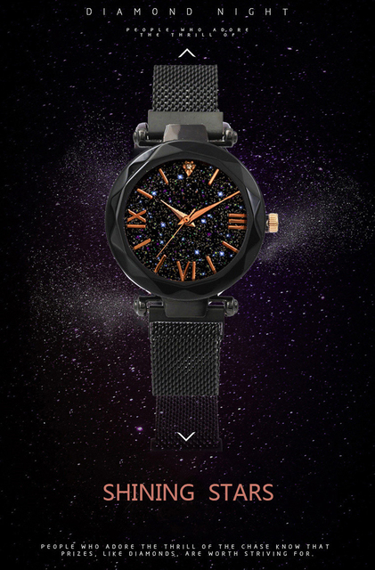 Zegarek damski z magnesową klamrą w siatce z diamentowym wzorem na tarczy - moda gwiaździste niebo - Wianko - 2