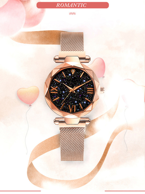 Zegarek damski z magnesową klamrą w siatce z diamentowym wzorem na tarczy - moda gwiaździste niebo - Wianko - 1