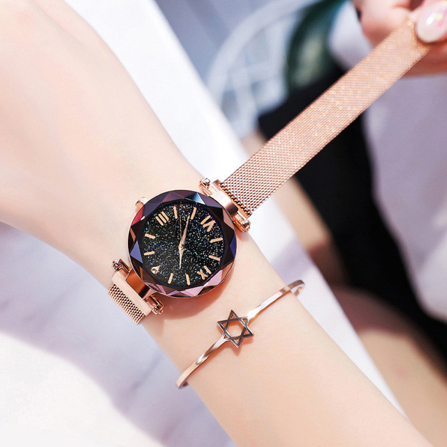 Zegarek damski z magnesową klamrą w siatce z diamentowym wzorem na tarczy - moda gwiaździste niebo - Wianko - 9