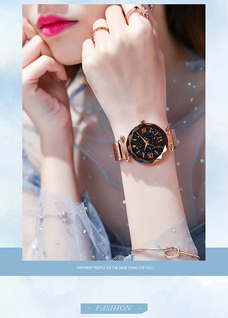 Zegarek damski z magnesową klamrą w siatce z diamentowym wzorem na tarczy - moda gwiaździste niebo - Wianko - 3