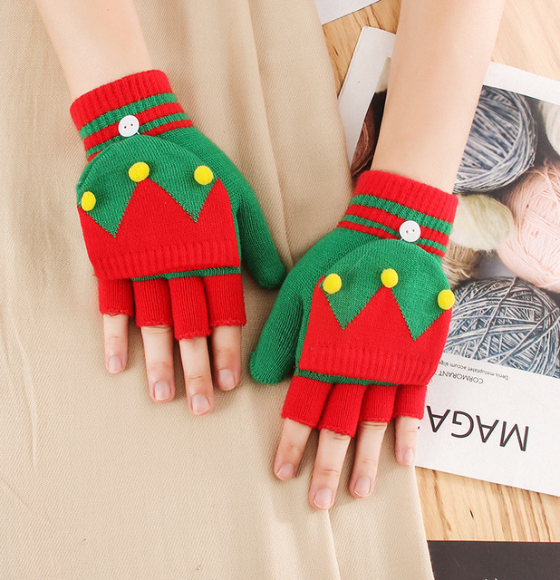 Rękawiczki damskie pół palca z wzorem Świętego Mikołaja | Jesień/Zima | Bożonarodzeniowe | Dzianina | Wiszące Ozdoby - Wianko - 9