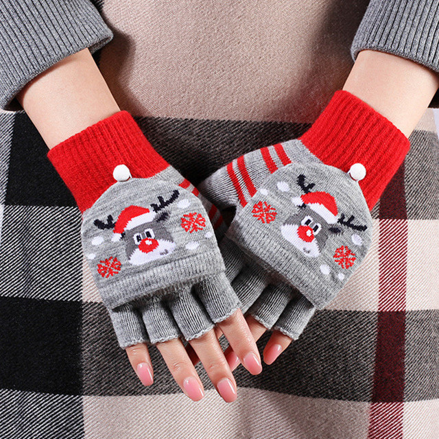 Rękawiczki damskie pół palca z wzorem Świętego Mikołaja | Jesień/Zima | Bożonarodzeniowe | Dzianina | Wiszące Ozdoby - Wianko - 3