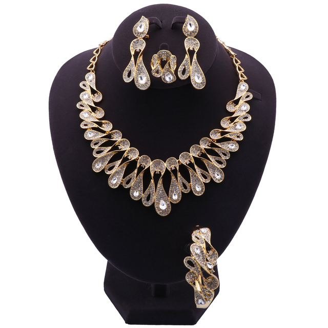 Zestaw biżuterii ślubnej: Naszyjnik, kolczyki, bransoletka, pierścień - Nowość Moda Dubaj - Złoty kolor - Kryształ - Wianko - 8