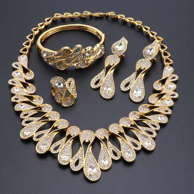 Zestaw biżuterii ślubnej: Naszyjnik, kolczyki, bransoletka, pierścień - Nowość Moda Dubaj - Złoty kolor - Kryształ - Wianko - 3
