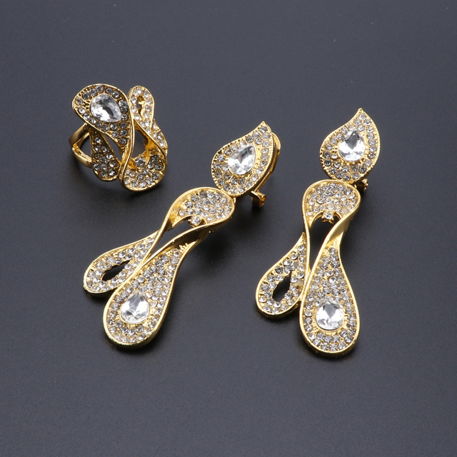 Zestaw biżuterii ślubnej: Naszyjnik, kolczyki, bransoletka, pierścień - Nowość Moda Dubaj - Złoty kolor - Kryształ - Wianko - 7