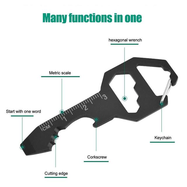 Nowy narzędzie wielofunkcyjne 6 w 1 z otwieraczem butelek, kluczem sześciokątnym, tnącą krawędzią, wisiorkiem brelok, kluczem zewnętrznym i łańcuchem akcesoriów ze stali węglowej - Wianko - 5