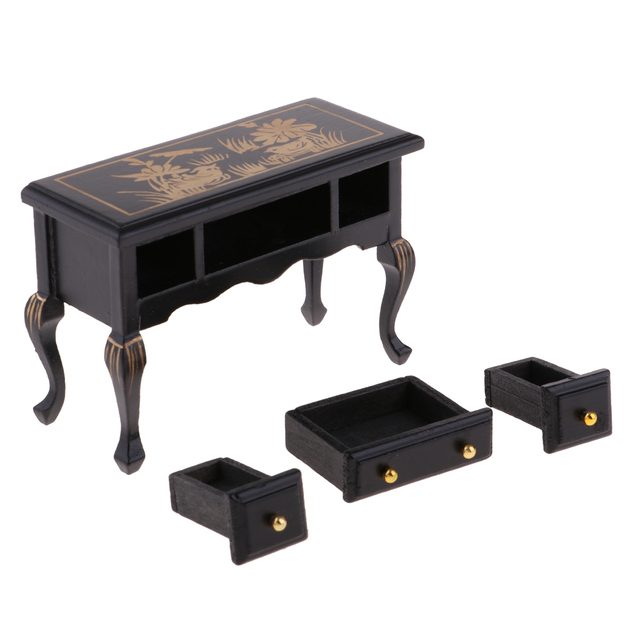 Vintage domek dla lalek: kwadratowe biurko stołowe z szufladami, stylizowane na miniaturowe meble w skali 1:12 - Wianko - 3