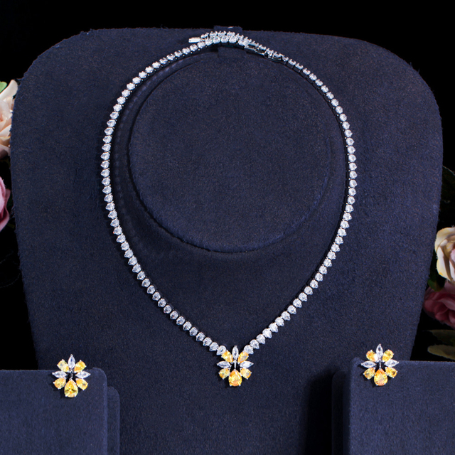 Zestaw biżuterii damskiej - eleganckie niebieskie kwiaty z cyrkoniami, kryształowe kolczyki i naszyjnik (JS296) - Wianko - 5