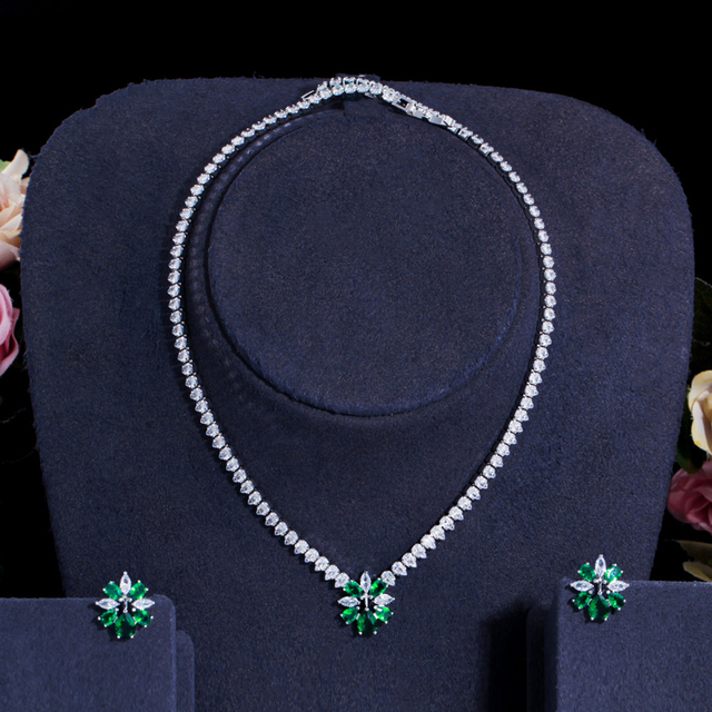 Zestaw biżuterii damskiej - eleganckie niebieskie kwiaty z cyrkoniami, kryształowe kolczyki i naszyjnik (JS296) - Wianko - 4