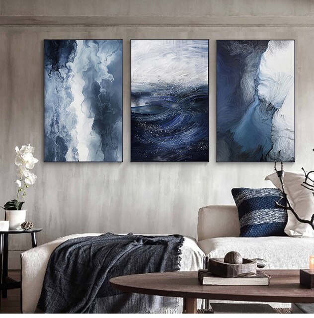 Nowoczesne abstrakcyjne niebieskie obrazy Seascape na płótnie do salonu, sypialni - złota folia - Home Decor - Wianko - 3