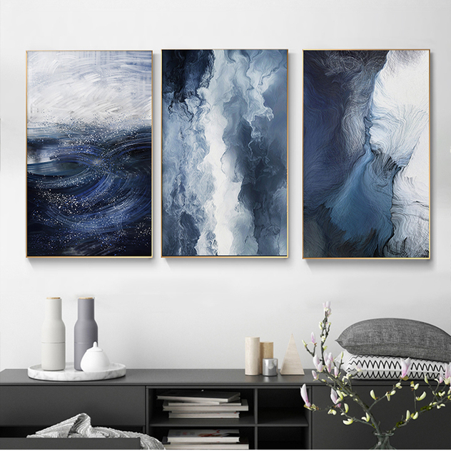 Nowoczesne abstrakcyjne niebieskie obrazy Seascape na płótnie do salonu, sypialni - złota folia - Home Decor - Wianko - 2