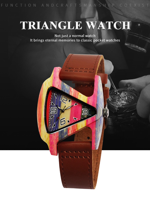 Kolorowy trójkątny zegarek elektroniczny Luminous z kwarcowym mechanizmem - skórzany pasek drewnianego wykończenia Crazy Horse - Wianko - 1