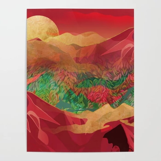 Plakat drukowany na płótnie - Tropikalny złoty zachód słońca w Fantasy Forest dla dekoracji sypialni - Wianko - 3