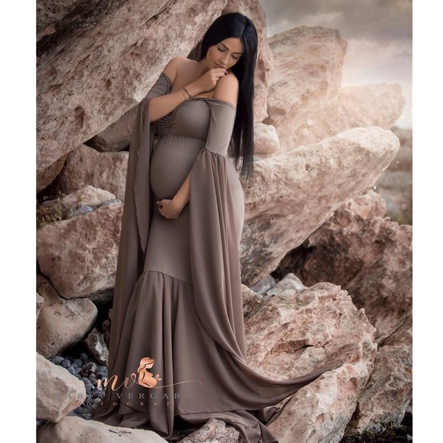 Sukienka macierzyńska Syrenka długa bez ramiączek z bufkami do sesji zdjęciowej - Wianko - 1