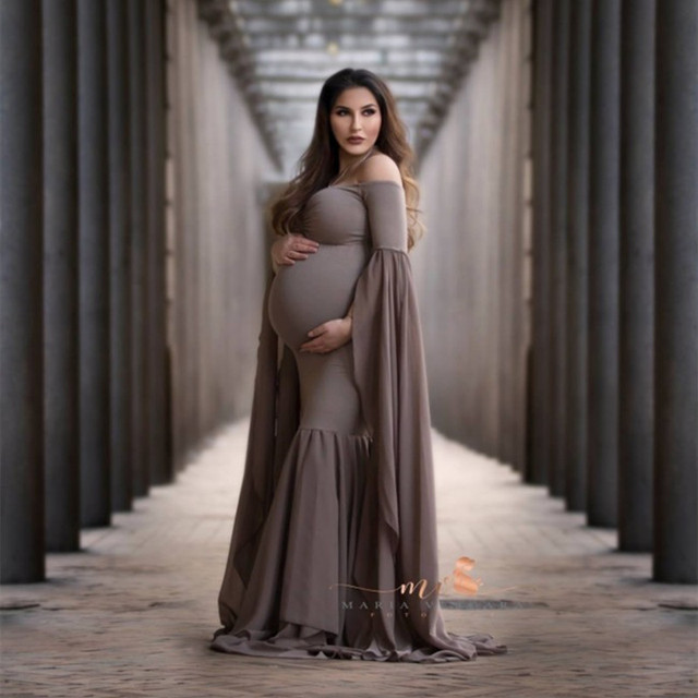 Sukienka macierzyńska Syrenka długa bez ramiączek z bufkami do sesji zdjęciowej - Wianko - 2