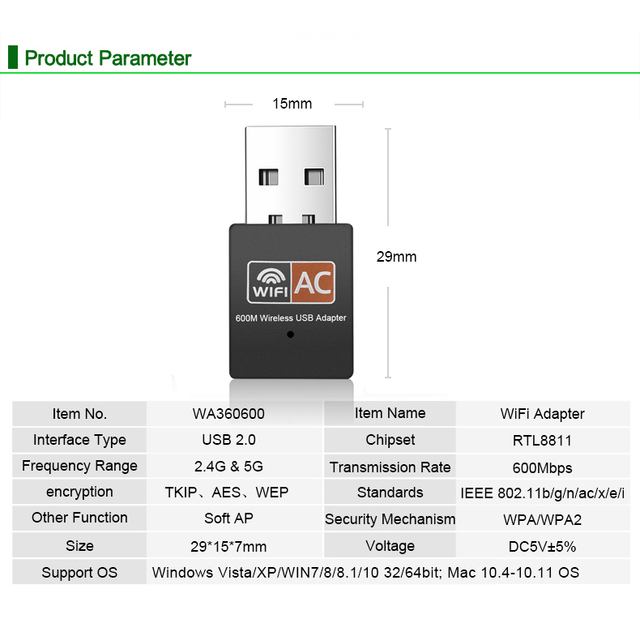 Mini Adapter USB WiFi Bluetooth 600 mb/s 2.4/5Ghz - dwuzakresowy odbiornik zewnętrzny dla PC i Laptopa - Wianko - 2