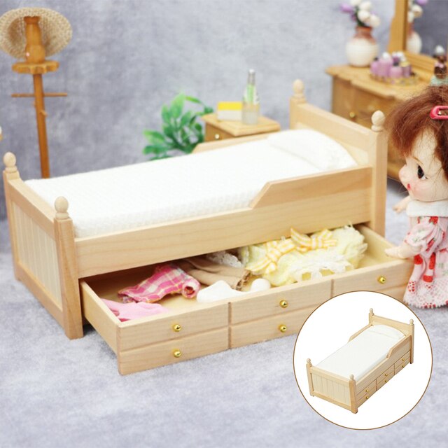 Miniaturowe łóżko pojedyncze w skali 1:12 z szufladą - idealne mebelki zabawkowe dla dzieci i lalek - Wianko - 5