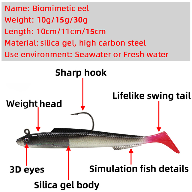 Miękka przynęta Glow Eel, 10g 15g 30g - idealna na ryby: Sea Bass, szczupak, Rockfish, Grouper, karpia - zlew główka jigowa Tackle - Wianko - 1