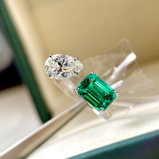 Piękny, regulowany pierścionek ślubny dla kobiet z białą kroplą wodą i zielonym prostokątem - biżuteria srebrna - Wianko - 9