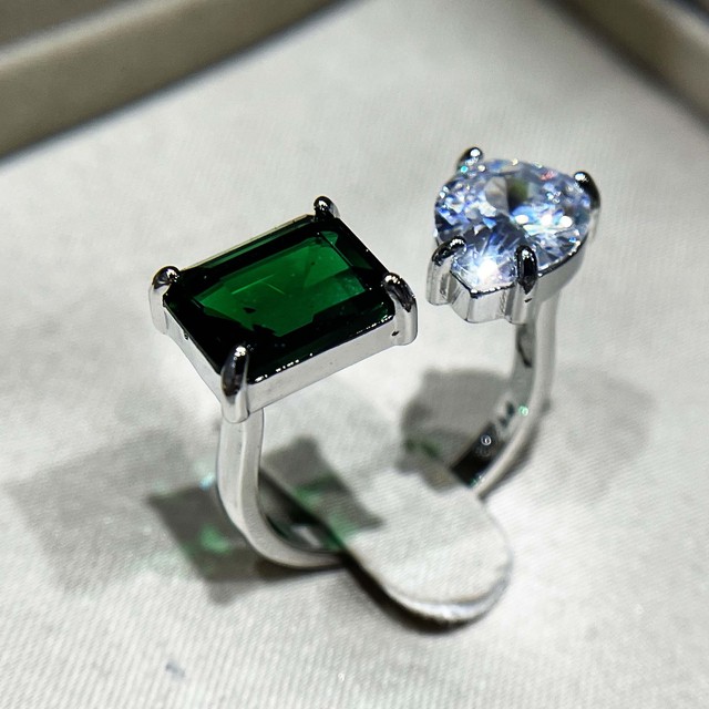 Piękny, regulowany pierścionek ślubny dla kobiet z białą kroplą wodą i zielonym prostokątem - biżuteria srebrna - Wianko - 8