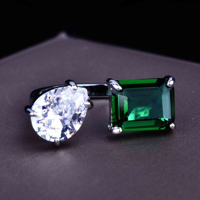 Piękny, regulowany pierścionek ślubny dla kobiet z białą kroplą wodą i zielonym prostokątem - biżuteria srebrna - Wianko - 2