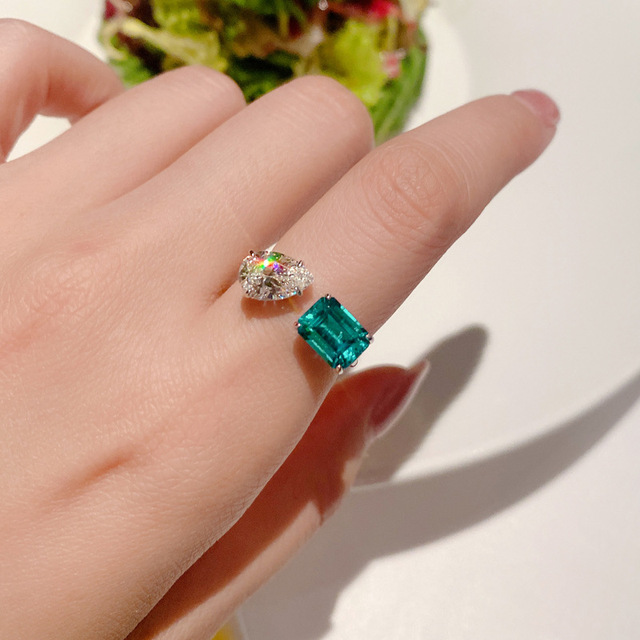 Piękny, regulowany pierścionek ślubny dla kobiet z białą kroplą wodą i zielonym prostokątem - biżuteria srebrna - Wianko - 10