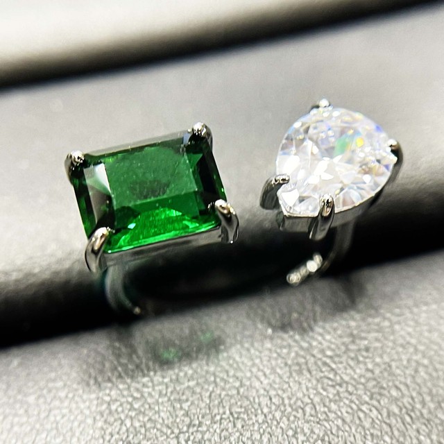 Piękny, regulowany pierścionek ślubny dla kobiet z białą kroplą wodą i zielonym prostokątem - biżuteria srebrna - Wianko - 6