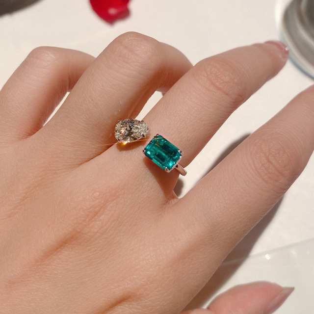 Piękny, regulowany pierścionek ślubny dla kobiet z białą kroplą wodą i zielonym prostokątem - biżuteria srebrna - Wianko - 11