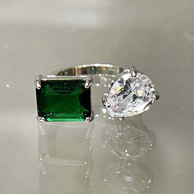 Piękny, regulowany pierścionek ślubny dla kobiet z białą kroplą wodą i zielonym prostokątem - biżuteria srebrna - Wianko - 7
