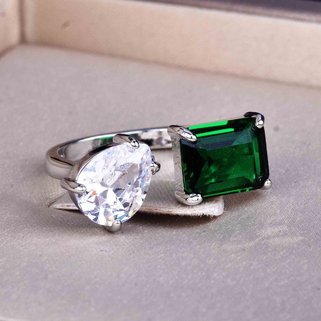 Piękny, regulowany pierścionek ślubny dla kobiet z białą kroplą wodą i zielonym prostokątem - biżuteria srebrna - Wianko - 3