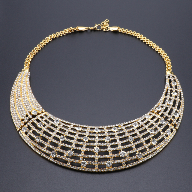 Zestaw biżuterii ślubnej w kolorze złotym z kryształowym naszyjnikiem, bransoletką, kolczykami, pierścieniem i afrykańskimi koralikami - Wianko - 4