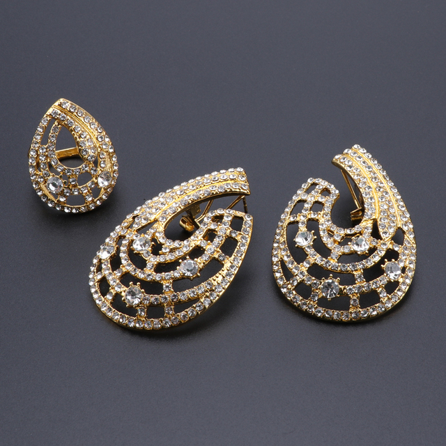 Zestaw biżuterii ślubnej w kolorze złotym z kryształowym naszyjnikiem, bransoletką, kolczykami, pierścieniem i afrykańskimi koralikami - Wianko - 7