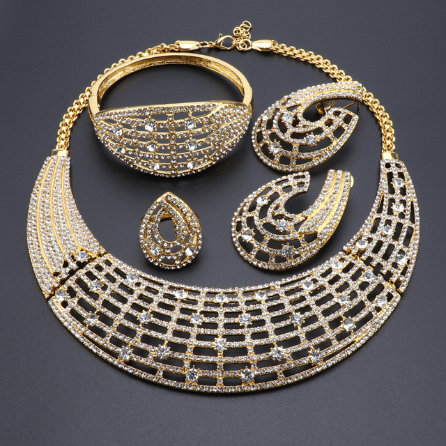 Zestaw biżuterii ślubnej w kolorze złotym z kryształowym naszyjnikiem, bransoletką, kolczykami, pierścieniem i afrykańskimi koralikami - Wianko - 3