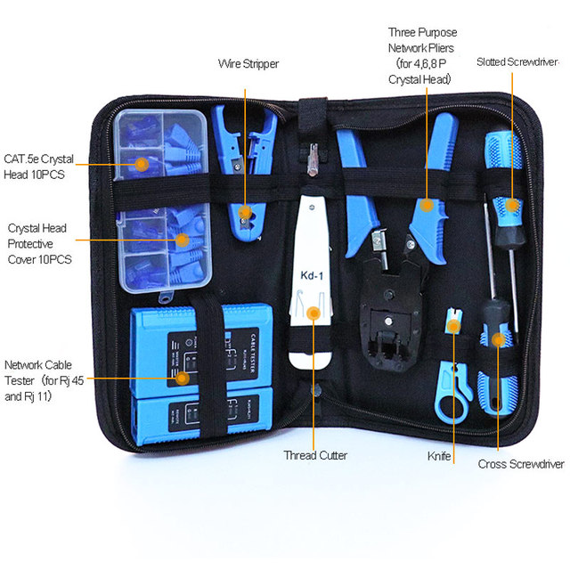 Zestaw narzędzi do naprawy sieci: Tester kabla LAN RJ45, przecinak do drutu, śrubokręt, szczypce, narzędzie do konserwacji - 10 sztuk w torbie - Wianko - 1
