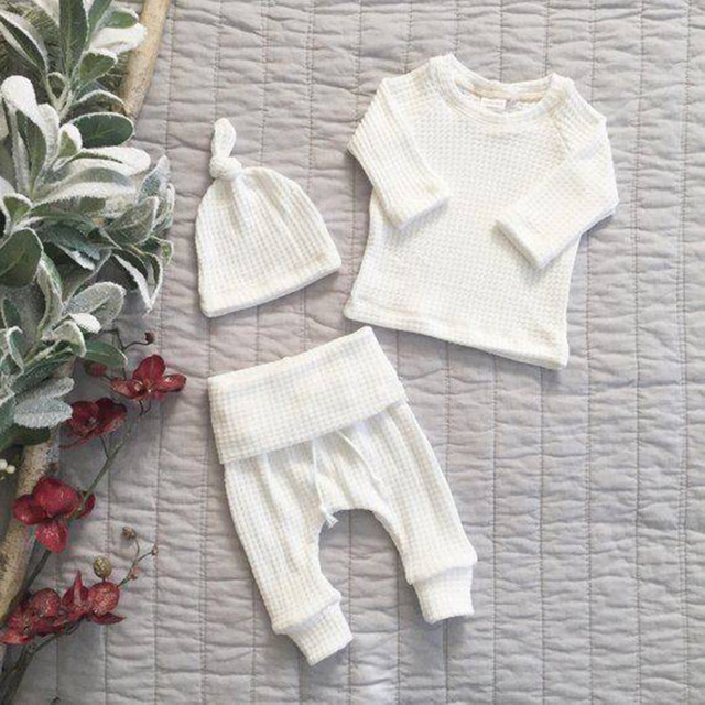 Zestaw 3 sztuk noworodkowych ubrań dla niemowląt - dziewczyny i chłopcy, jesień, ciepłe spodnie Harem, wafel żebrowane, stałe, unisex, body + elastyczne spodnie - Wianko - 20