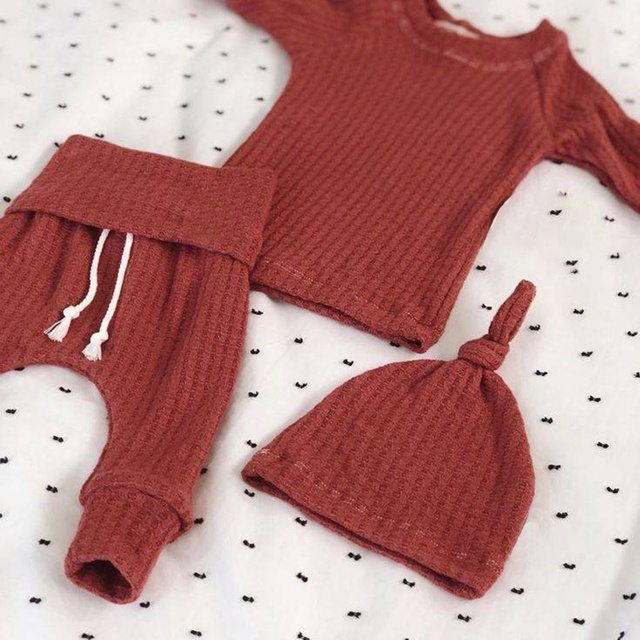 Zestaw 3 sztuk noworodkowych ubrań dla niemowląt - dziewczyny i chłopcy, jesień, ciepłe spodnie Harem, wafel żebrowane, stałe, unisex, body + elastyczne spodnie - Wianko - 21