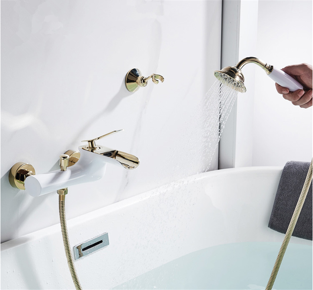 Zestaw kranów łazienkowych i natryskowych do wanny - biała bateria z ręcznym wodospadem - Wianko - 5