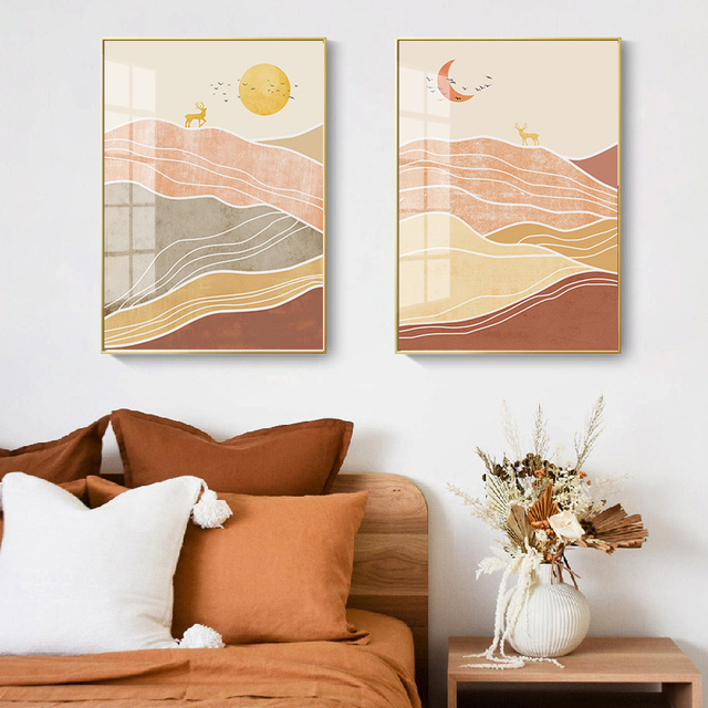 Vintage plakat na płótnie z geometrycznymi liniami gór, słońcem i księżycem - dekoracyjny obraz wnętrza w stylu abstrakcyjnym - Wianko - 2
