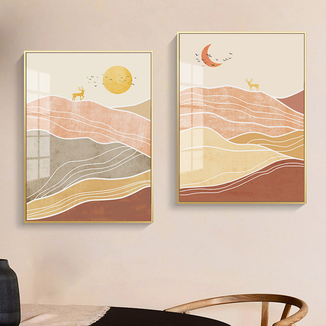 Vintage plakat na płótnie z geometrycznymi liniami gór, słońcem i księżycem - dekoracyjny obraz wnętrza w stylu abstrakcyjnym - Wianko - 1
