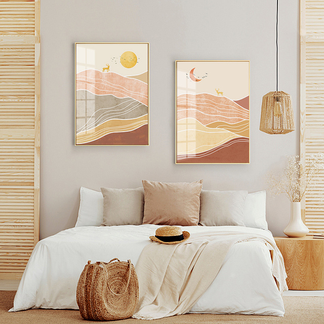Vintage plakat na płótnie z geometrycznymi liniami gór, słońcem i księżycem - dekoracyjny obraz wnętrza w stylu abstrakcyjnym - Wianko - 3