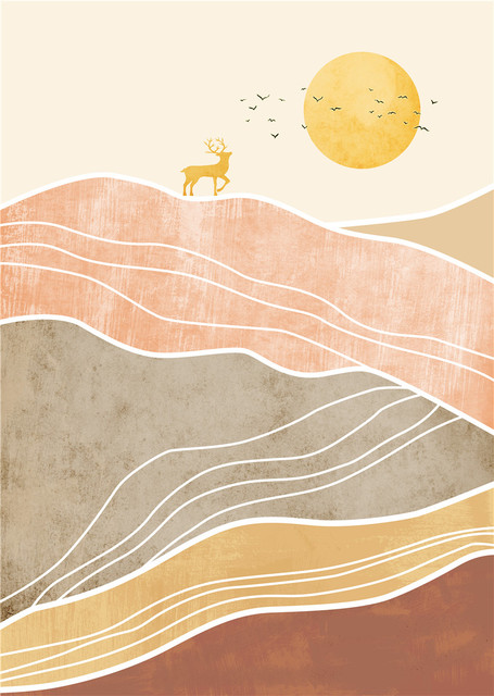 Vintage plakat na płótnie z geometrycznymi liniami gór, słońcem i księżycem - dekoracyjny obraz wnętrza w stylu abstrakcyjnym - Wianko - 6