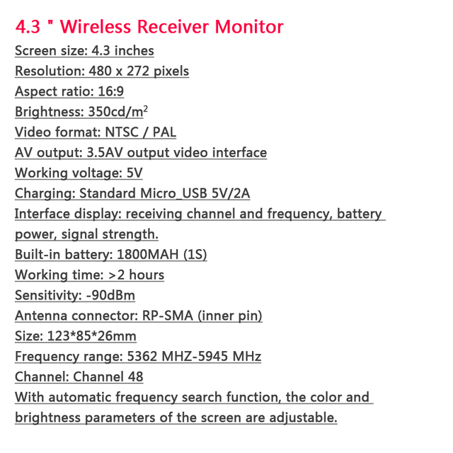 Monitor FPV 4.3 Cala 5.8G 48CH z ekranem wideo 480x272, wbudowaną baterią, nadajnikiem 5.8G 600mw TS5823 Pro + oraz kamerą CMOS 1000TVL - Wianko - 21