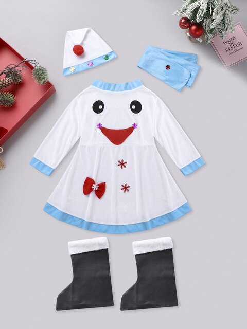 Dziewczęca sukienka z białymi dzieciakami, dekorowana aplikacją śnieżynki, w zestawie ze szalikiem, kapeluszem i butami - Wianko - 5