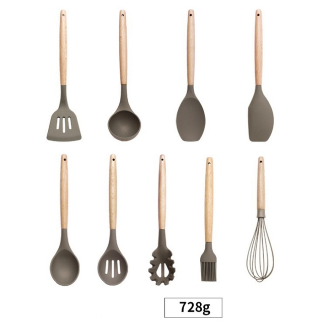 Silikonowe naczynia kuchenne z drewnianym uchwytem - zestaw narzędzi kuchennych: łopatka, łopata, łyżka - Wianko - 9