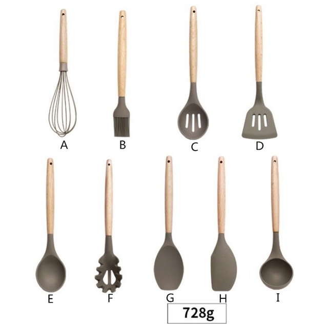 Silikonowe naczynia kuchenne z drewnianym uchwytem - zestaw narzędzi kuchennych: łopatka, łopata, łyżka - Wianko - 10