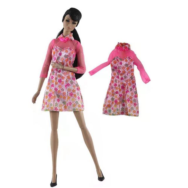 Różowa sukienka w kwiaty z długim rękawem, pasująca dla lalki Barbie 30cm, BJD, jako sukienka wieczorowa - Wianko - 1