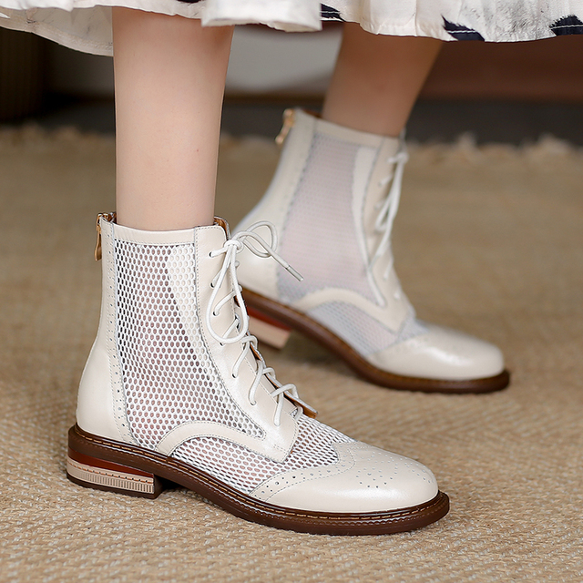 Nowe letnie damskie buty do kostki Hollow - oryginalny model z siatką Martin w brytyjskim stylu, wykonane ze skóry - gruby obcas, mesh - Wianko - 9