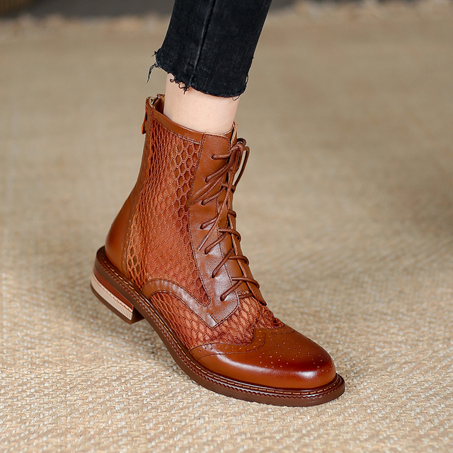 Nowe letnie damskie buty do kostki Hollow - oryginalny model z siatką Martin w brytyjskim stylu, wykonane ze skóry - gruby obcas, mesh - Wianko - 23